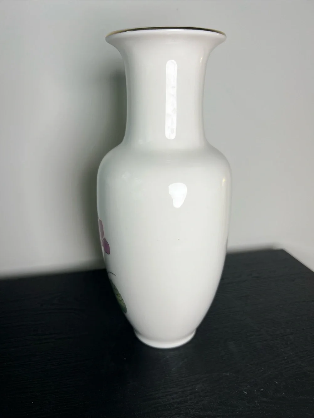 Vintage Japanese Porcelain White Vase with Peach & Purple Cylcamen Floral Design
